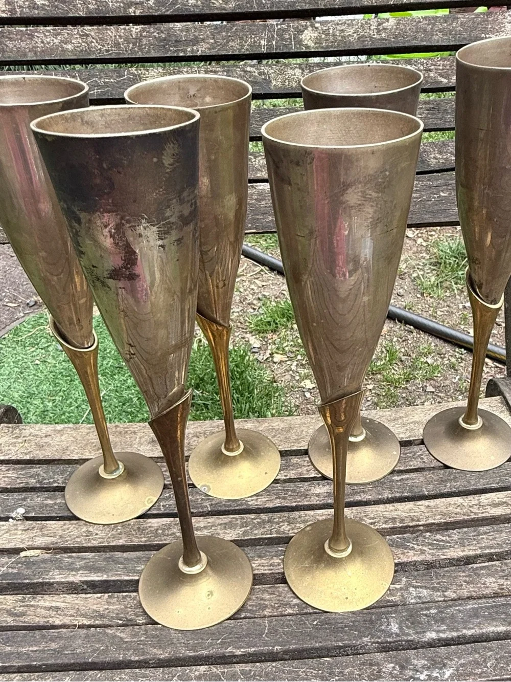 Vintage Six Solid Long Stem Tulip Silver Plate & Brass Champagne Flutes, India